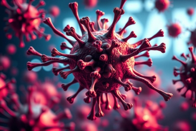 The image features a microscopic view of a virus particle, which is the centerpiece. It's composed of numerous spikes that represent the structure of the virus.