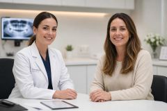 Dentist and patient smiling during a calm consultation in a modern dental clinic.
