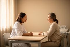 Dentist in a white coat consulting an older woman across a clinic desk, discussing treatment options.