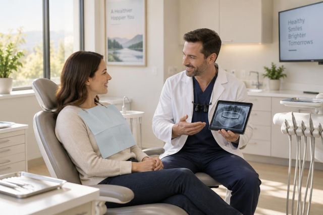 Dentist discussing dental X-ray with patient in bright, modern exam room.