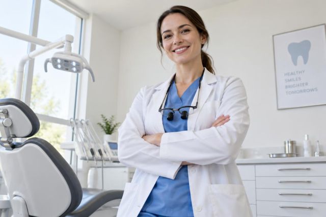 Smiling dentist in clinic with dental chair and equipment, conveying professional dental care.