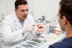Dentist in lab coat explains a full denture model to a seated patient, demonstrating fit and care in clinic.