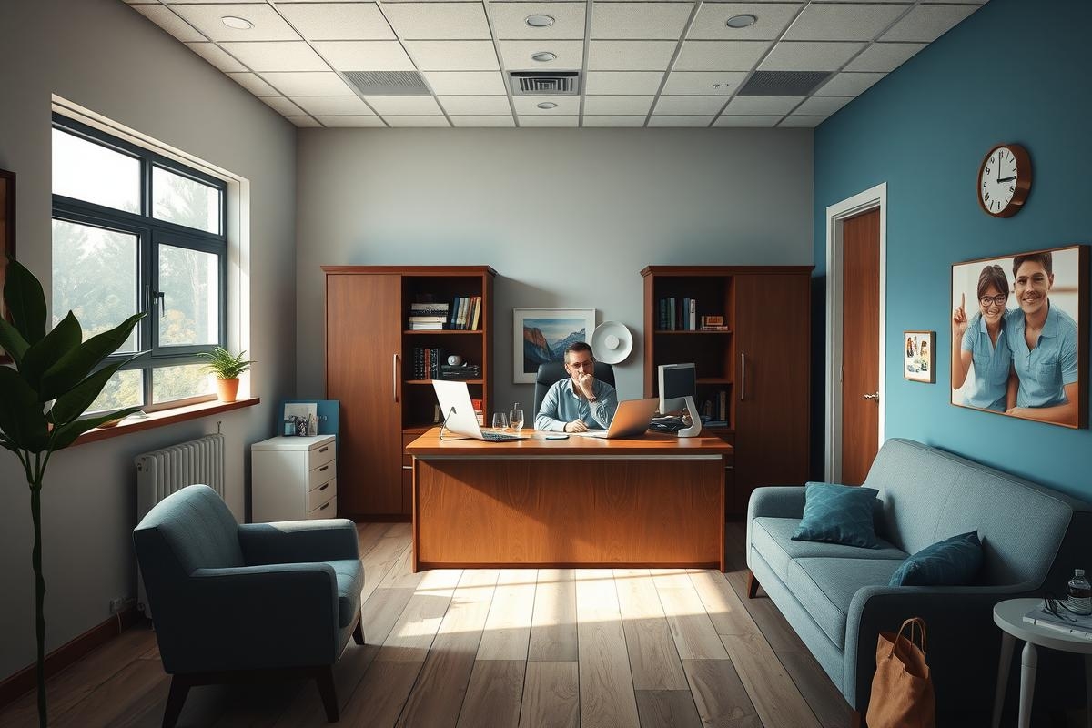 The image depicts a modern, well-lit office space. In the foreground, there's a desk with a computer monitor and papers on it. There are two chairs, one in front of the desk and another near the right side of the frame. Above the desk hang several framed photos, possibly of colleagues or clients. The office has an airy feel due to the natural light coming through a window with blue blinds. Wooden furniture adds warmth to the room, and the overall atmosphere suggests a professional yet comfortable work environment.