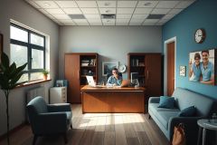 The image depicts a modern, well-lit office space. In the foreground, there's a desk with a computer monitor and papers on it. There are two chairs, one in front of the desk and another near the right side of the frame. Above the desk hang several framed photos, possibly of colleagues or clients. The office has an airy feel due to the natural light coming through a window with blue blinds. Wooden furniture adds warmth to the room, and the overall atmosphere suggests a professional yet comfortable work environment.