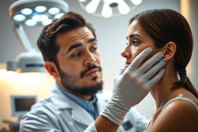A doctor in a white coat examines a patient's face, likely in a medical or dermatology setting. The focus is on a close-up of the examination, with the doctor wearing gloves.