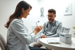 Doctor and patient consultation in a bright, modern clinic. A female doctor in a white coat applauds while discussing medication with a male patient wearing glasses. Focus on healthcare, medical consultation, and positive patient interaction. White and blue tones dominate the scene.