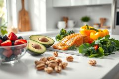 Healthy food preparation in a bright kitchen. Features salmon, avocado, berries, broccoli, walnuts, and yellow peppers. Focus on fresh ingredients for a balanced diet and wellness lifestyle. Clean, modern kitchen setting.