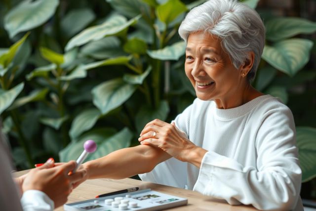 An elderly woman is sitting at a table, smiling as another person holds out their hand. The individual appears to be offering some assistance or service, perhaps medical-related given the context of the image.