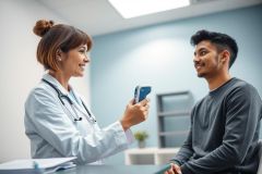 Doctor examining patient in a bright, modern medical office. A healthcare professional uses a handheld device while speaking with a young man. Blue walls and natural light create a calming atmosphere. Focus on health checkup and patient care.
