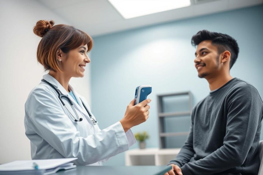 Doctor examining patient in a bright, modern medical office. A healthcare professional uses a handheld device while speaking with a young man. Blue walls and natural light create a calming atmosphere. Focus on health checkup and patient care.