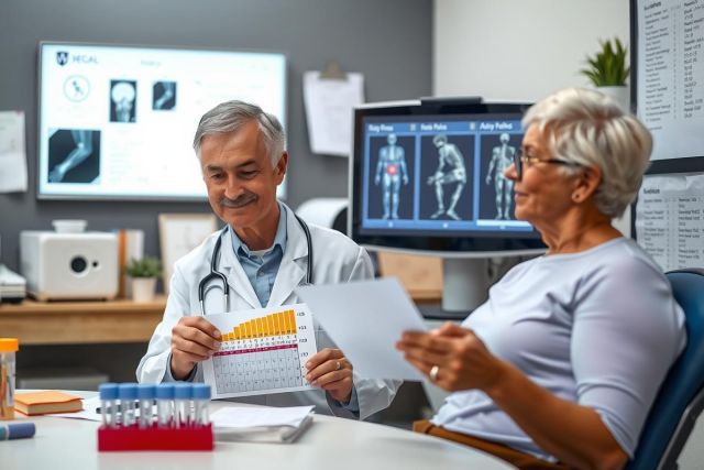 A medical doctor interacting with a patient in an office environment. The doctor is seated at a desk, holding a clipboard and papers, while the elderly patient sits across from him, engaged in conversation.