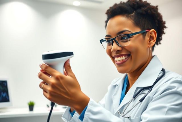 A smiling female doctor in a white coat holds a medical device in a modern clinic setting. She wears glasses and a stethoscope is around her neck. The scene highlights healthcare and medical technology.