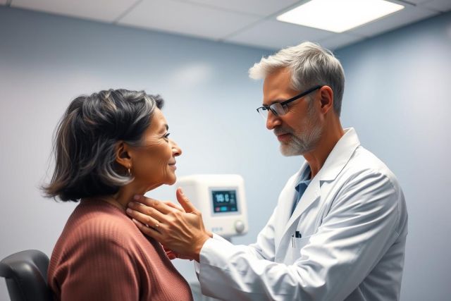 Doctor examining a patient's thyroid in a clinical setting. The image features a male physician in a white coat assessing a female patient in a blue-toned examination room, focusing on a health checkup and medical consultation. Healthcare and wellness theme.