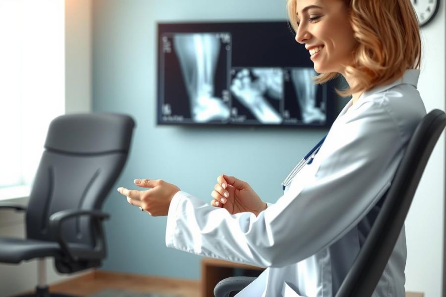 Doctor in white coat discusses X-ray results with a patient. Medical office setting with visible diagnostic image on the wall. Professional healthcare consultation scene.
