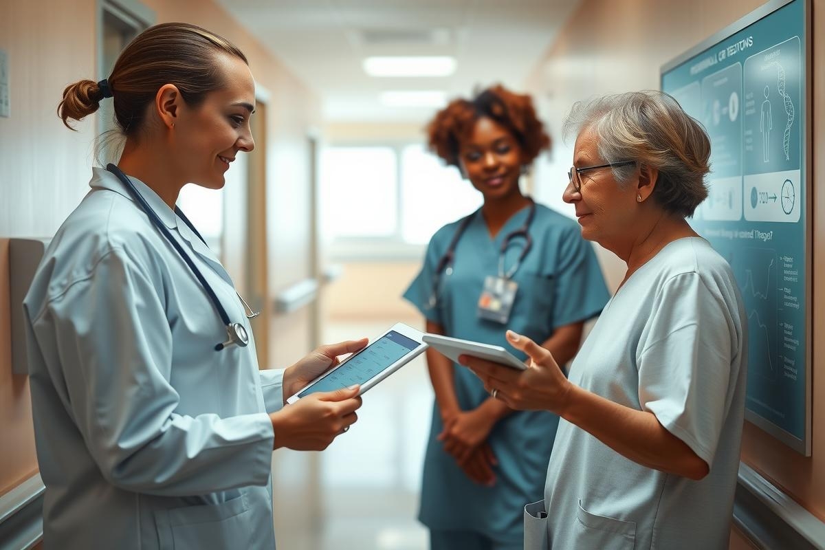 The image shows a hospital environment with several healthcare professionals. A female doctor is interacting with an older patient, likely discussing her medical condition or sharing information on health and wellness. The setting suggests a professional and caring atmosphere, highlighting the importance of collaboration in healthcare.