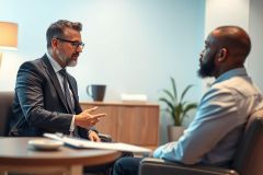 Two men engaged in a professional discussion in a modern office setting. One, in a suit, gestures while speaking to the other. The scene features neutral colors, suggesting a business meeting or consultation, possibly legal or financial advice.
