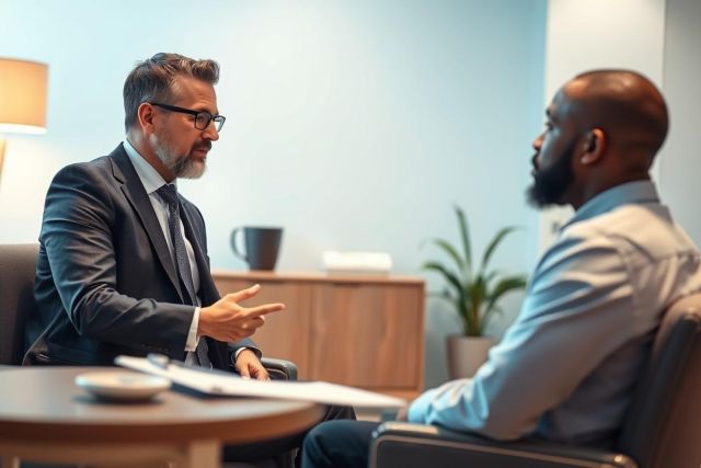 Two men engaged in a professional discussion in a modern office setting. One, in a suit, gestures while speaking to the other. The scene features neutral colors, suggesting a business meeting or consultation, possibly legal or financial advice.