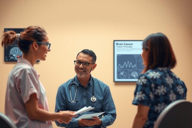 The image shows a medical setting with two healthcare professionals dressed in blue scrubs and white hats engaged in conversation with a physician. The physician is wearing a white coat and glasses, holding a clipboard. 