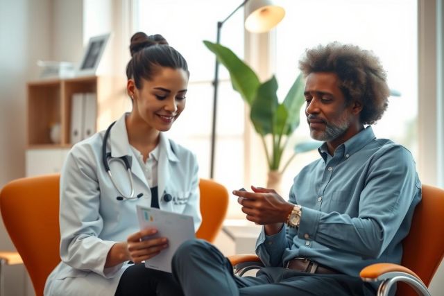 Doctor consults with a patient in a modern office setting. The doctor, wearing a white coat and stethoscope, reviews a document while the patient sits comfortably. Warm, natural light fills the room.