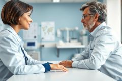Doctor consults with a patient in a modern healthcare clinic. The image shows a female doctor in a white coat attentively listening to an older male patient. The setting is a light blue examination room with medical equipment. Focus on patient care, healthcare consultation, and medical professional relationships.