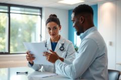Doctor reviewing patient records in a modern office. Healthcare professional examining a document with a patient. Clinical setting, bright interior, focus on medical consultation.