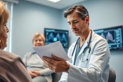 Doctor reviewing medical documents with patients in a modern clinic. The scene features a male doctor in a white coat and stethoscope, discussing results with two women. Blue and white tones dominate, creating a professional healthcare setting.