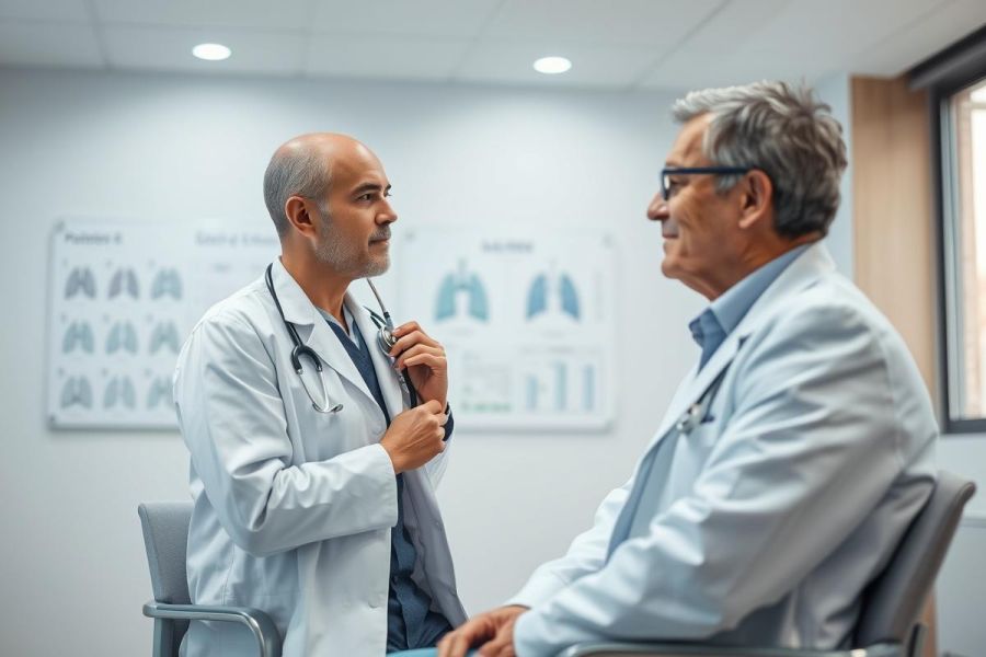 Doctor examining a patient in a clinic setting. Two men, one in a white coat with a stethoscope, are engaged in a consultation. The room features a vision chart and neutral wall colors, suggesting a healthcare environment. Focus on medical consultation and patient care.