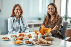 Doctor consults with a patient about healthy eating. A table displays a variety of nutritious foods including fruits, vegetables, dairy, and bread. The scene takes place in a bright, modern clinic setting, promoting wellness and dietary advice.
