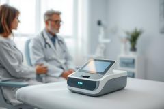 Doctor and patient in a modern medical clinic. A diagnostic device with a touchscreen sits on an examination table in a bright, clean room. Focus is on the technology, representing healthcare innovation and patient care. Blue and white color scheme.