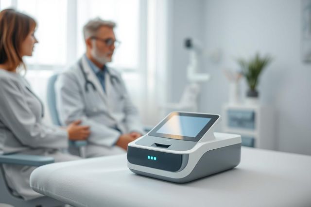 Doctor and patient in a modern medical clinic. A diagnostic device with a touchscreen sits on an examination table in a bright, clean room. Focus is on the technology, representing healthcare innovation and patient care. Blue and white color scheme.