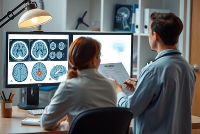The image features two individuals, likely medical professionals, seated in front of a large screen displaying multiple MRI brain scans. The environment appears to be a professional setting, possibly an office or clinic. The focus is on the analysis and evaluation of brain imagery.