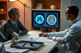The image portrays a clinical setting where two individuals are engaged in conversation. The person on the right is wearing medical attire, including a white lab coat and glasses, suggesting that they may be a healthcare professional such as a doctor or radiologist.