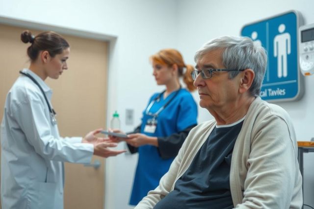 The image shows an elderly man in a hospital setting, sitting on what appears to be a bed or examination table. He is wearing a gown and is looking towards the left side of the frame with a serious expression.
