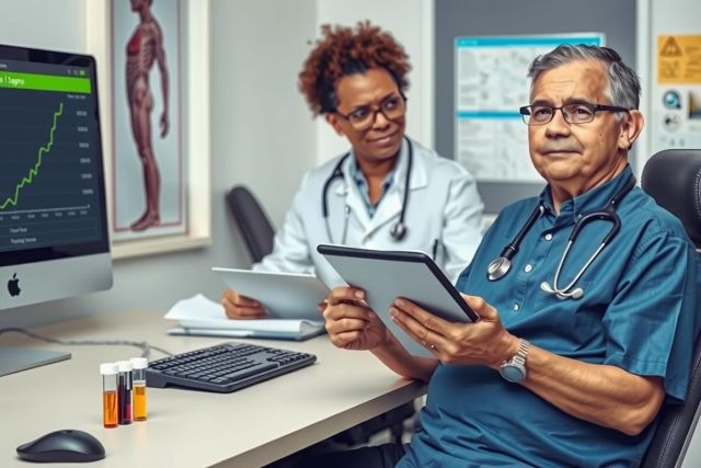The image depicts a professional setting where medical consultations are taking place. There is an older gentleman, presumably a patient, sitting at a table with a laptop open in front of him displaying health-related data. He appears to be engaged in conversation with a woman standing next to him, who is likely a medical professional such as a nurse or doctor due to her white lab coat. 