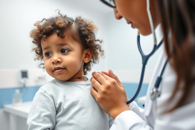 A doctor examines a young, curly-haired child in a bright, modern medical clinic. The scene focuses on a pediatric checkup with a stethoscope, featuring a warm color palette of blues and whites. Healthcare, child health, and doctor visit concepts are highlighted.