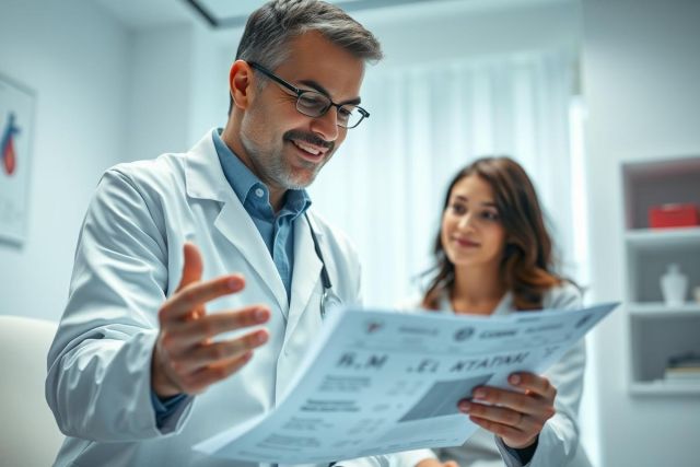 Doctor in white coat reviewing medical records with a patient in a bright, modern clinic setting. Focus on healthcare, consultation, and medical examination. Neutral color palette with white and subtle blue tones. Professional medical scene.