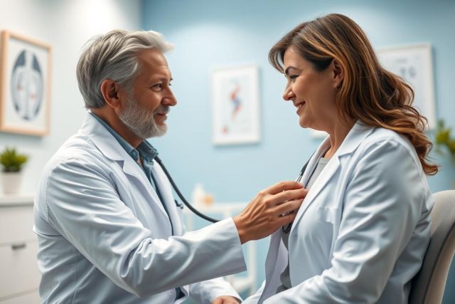 Doctor examining patient with a stethoscope in a bright, blue-toned medical office. Healthcare professional performing a check-up, showcasing patient care and medical examination. Focus on doctor-patient interaction and clinical setting.