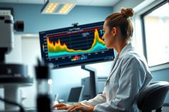 Female scientist in a lab coat works at a computer displaying data charts. The lab environment shows monitors and equipment, suggesting scientific research or analysis.
