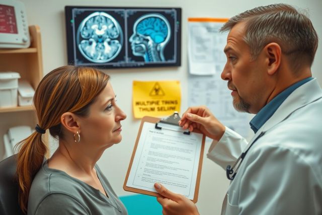 In a clinical setting, an older man in a white coat, presumably a doctor, is attentively reading over a medical chart with a woman who appears to be his patient.