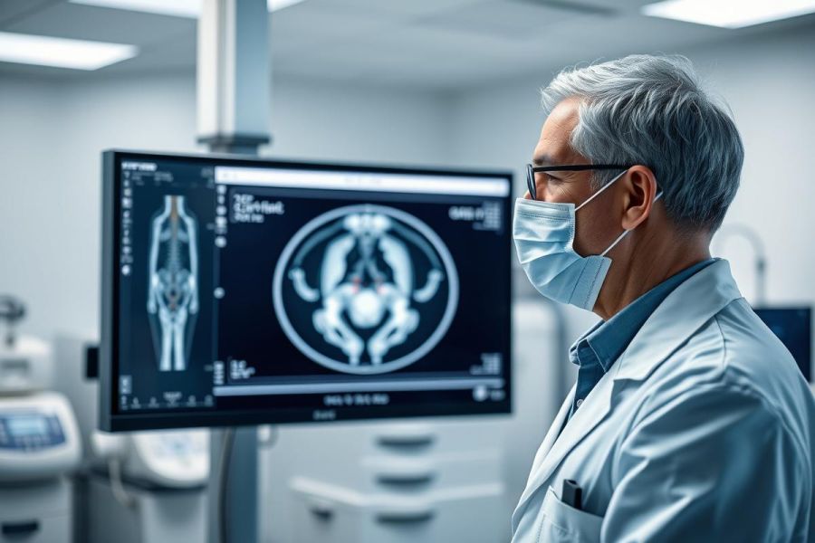 Doctor examining medical scan on monitor in a clinical setting. The image features a grey-haired doctor wearing a mask, reviewing MRI or CT scan results displaying human anatomy. Healthcare, diagnostics, and medical technology are key themes.