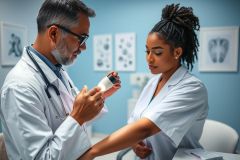 Doctor examining a patient's skin in a medical office. The scene shows a healthcare professional in a white coat reviewing a cream or ointment with a female patient. Blue walls and medical art create a clinical environment.