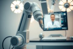 Robotic arm in a medical setting. A doctor's image is displayed on a monitor. The scene features a clean, modern environment with surgical equipment, showcasing advanced technology in healthcare.