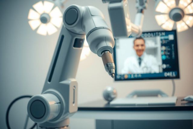 Robotic arm in a medical setting. A doctor's image is displayed on a monitor. The scene features a clean, modern environment with surgical equipment, showcasing advanced technology in healthcare.