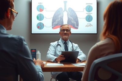 The image shows a professional setting with three individuals inside an office. There is a medical doctor seated at the table, facing two people who appear to be patients or clients. The environment suggests a consultation or interview. 