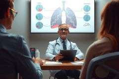 The image shows a professional setting with three individuals inside an office. There is a medical doctor seated at the table, facing two people who appear to be patients or clients. The environment suggests a consultation or interview. 