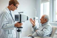 An eye exam in a modern clinic. A female doctor with a stethoscope examines an elderly patient using an optical diagnostic device. The scene features a bright, clean environment with neutral colors, representing healthcare and senior eye care.
