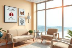 A spacious, well-lit living room with a large window offering a view of the water. The room features light wood furniture including two couches, chairs and a coffee table. Modern artwork adorns the walls, creating a warm and inviting atmosphere.