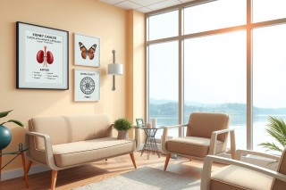 A spacious, well-lit living room with a large window offering a view of the water. The room features light wood furniture including two couches, chairs and a coffee table. Modern artwork adorns the walls, creating a warm and inviting atmosphere.