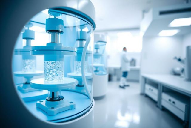 Laboratory setting with scientific equipment, clean room environment. Features stainless steel machinery and a person in a lab coat, showcasing a modern research facility. Blue and white color scheme.