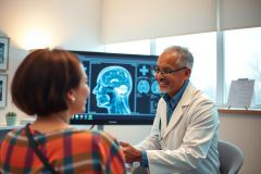 Doctor discusses medical imaging results with a patient in a clinic. Brain scan displayed on a monitor. Healthcare consultation, medical diagnosis, and patient care concepts.